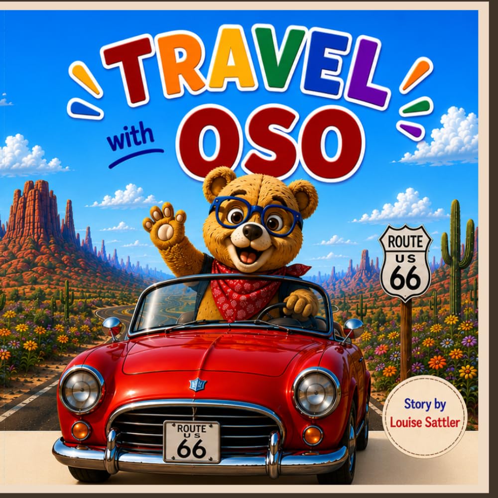 Bear in a red convertible with flowers behind him and the words in bright letters - TRAVEL WITH OSO